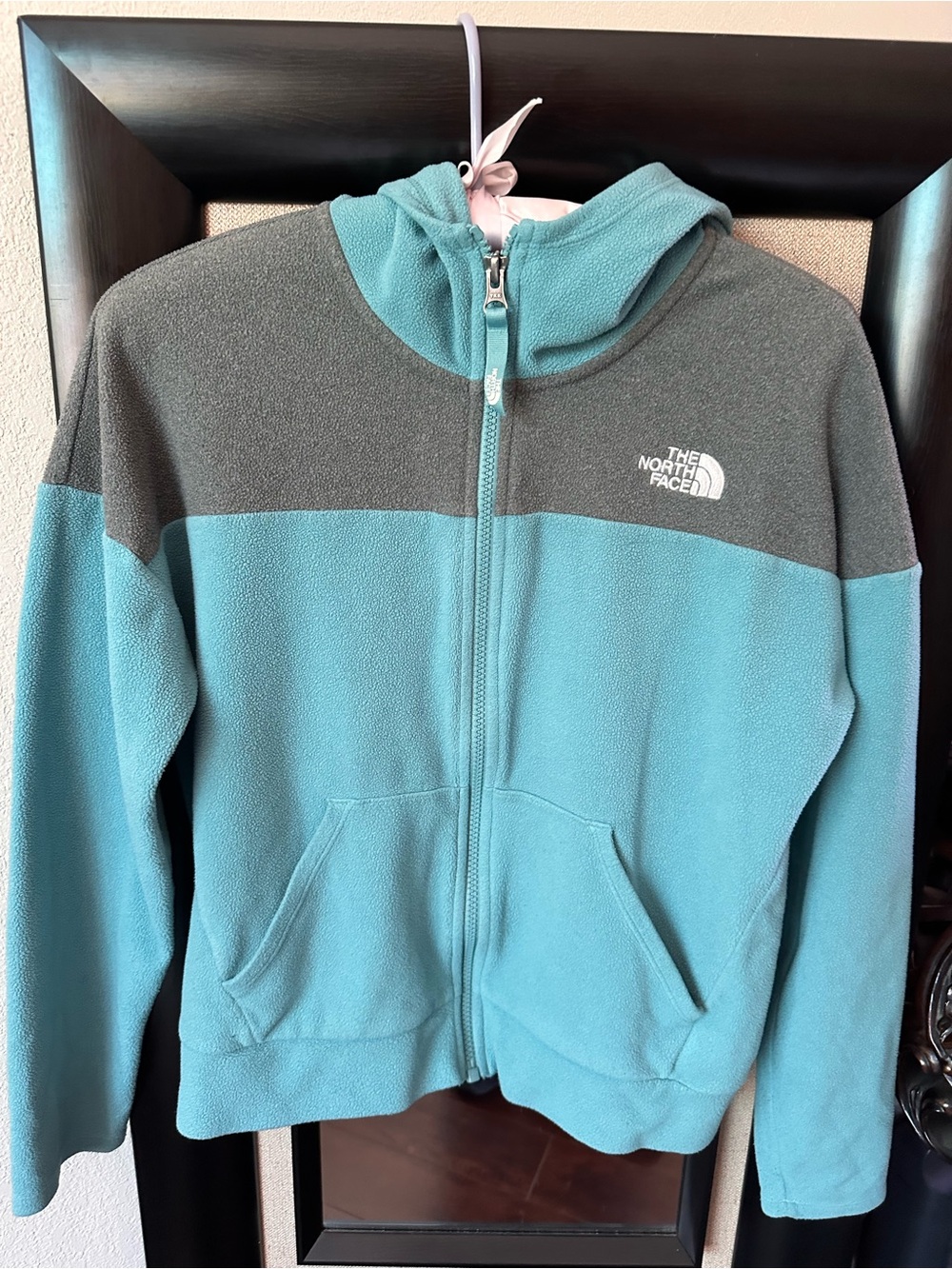 The North Face Teal and Gray Full-Zip Hooded Fleece Jacket